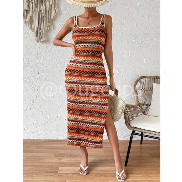 Knit Striped Tank Dress Side Leg Slit Long Ribbed Multicolor Long, Slim - Picture 2 of 13